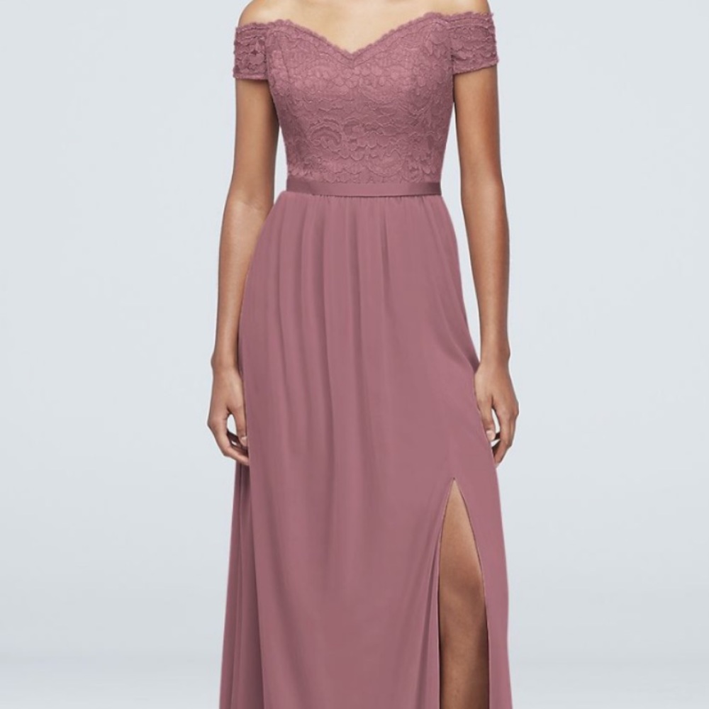 Off-the-Shoulder Lace and Mesh Bridesmaid Dress